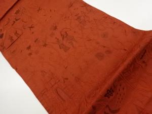 ふくれ織狩猟に城・鳥模様織出し全通洒落袋帯